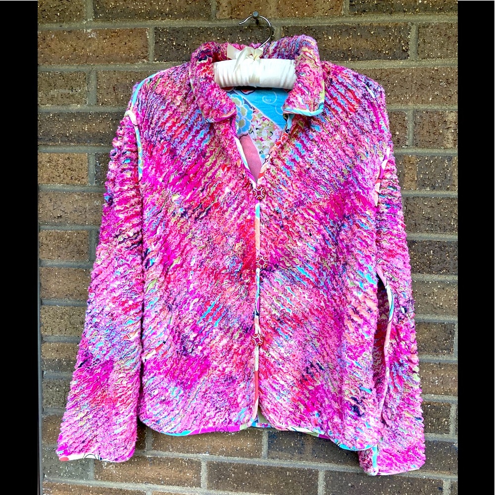 Casual Studio, Reversible Cardigan/Jacket- colorful, raw edge , *XL